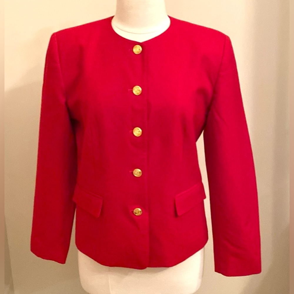 Talbots Vintage Red 100% Wool Gold Button Long Sleeve Lined Blazer Jacket Size 8